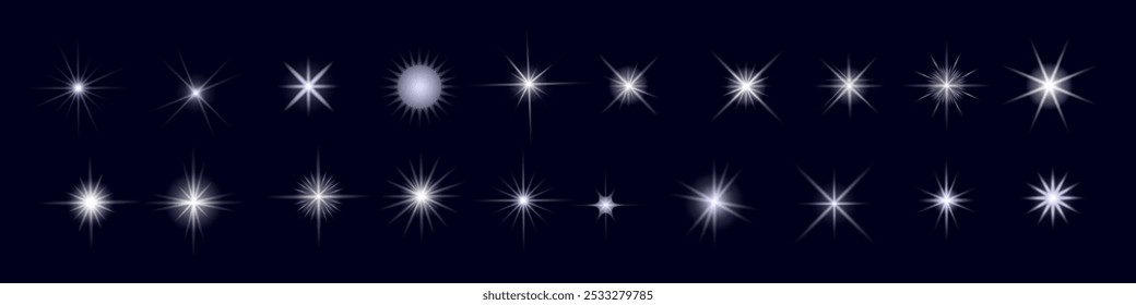 Glow isolated white transparent starlight effect set, lens flare, explosion, line, sun flash, glitter, spark and stars. Abstract special effect element design. Shine ray 