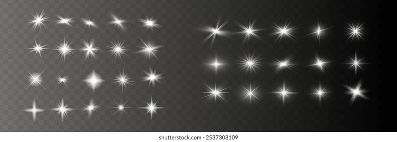 Glow isolated white transparent starlight effect set, lens flare, explosion, line, sun flash, glitter, spark and stars. Abstract special effect element design