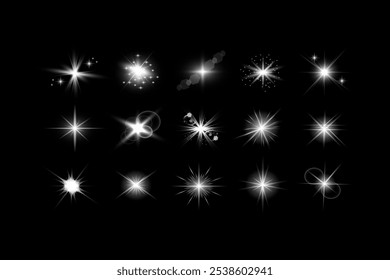 Glow isolated white transparent starlight effect set, lens flare, explosion, line, sun flash, glitter, spark and stars. Abstract special effect element design. Shine ray with lightning, sparkling roun