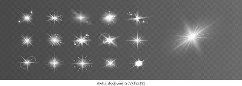 Glow isolated white transparent starlight effect set, lens flare, explosion, line, sun flash, glitter, spark and stars. Abstract special effect element design. 