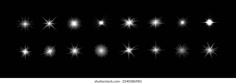Brilho isolado branco transparente conjunto de efeito de luz das estrelas, clarão de lente, explosão, linha, flash de sol, brilho, faísca e estrelas. Projeto de elemento de efeito especial abstrato