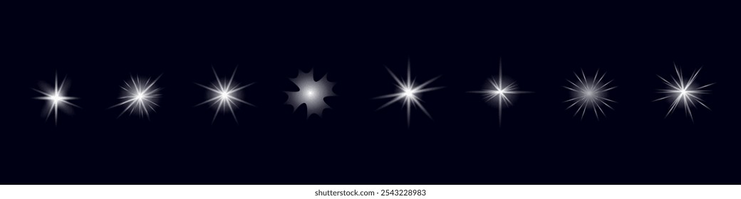 Glow isolated white transparent starlight effect set, lens flare, explosion, line, sun flash, glitter, spark and stars. Abstract special effect element design