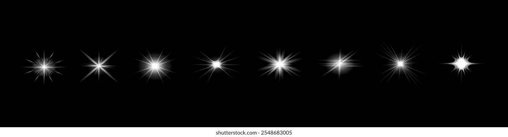 Glow isolated white transparent starlight effect set, lens flare, explosion, line, sun flash, glitter, spark and stars. Abstract special effect element design