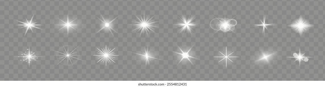 Glow isolated white transparent starlight effect set, lens flare, explosion, line, sun flash, glitter, spark and stars. Abstract special effect element design