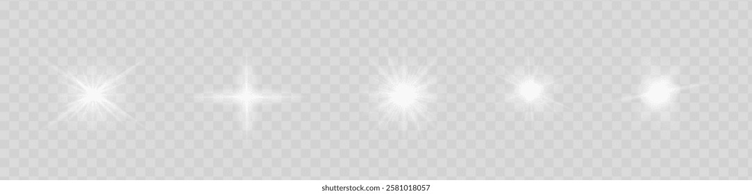 Glow isolated white transparent starlight effect set, lens flare, explosion, line, sun flash, glitter, spark and stars. Abstract special effect element design