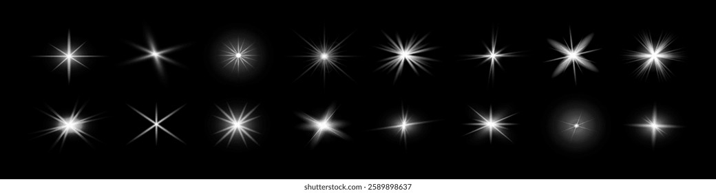Glow isolated white transparent starlight effect set, lens flare, explosion, line, sun flash, glitter, spark and stars. Abstract special effect element design. Shine ray with lightning, sparkling roun