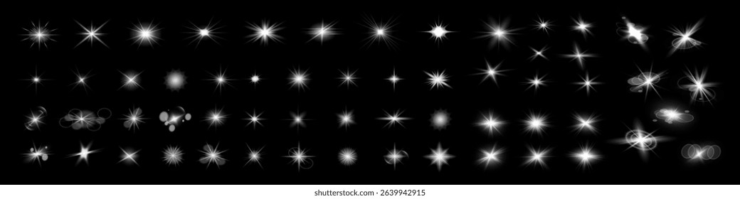 Glow isolated white transparent starlight effect set, lens flare, explosion, line, sun flash, glitter, spark and stars. Abstract special effect element design. Shine ray with lightning