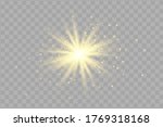 Glow isolated yellow light effect set, lens flare, explosion, glitter, line, sun flash and stars. Abstract special effect element design. Shine ray with lightning. Set of gold bright beautiful stars