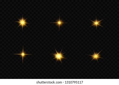 Glow isolated yellow light effect set, lens flare, explosion, glitter, line, sun flash, spark and stars. Abstract special effect element design.
