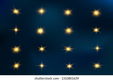 Glow isolated yellow light effect set, lens flare, explosion, glitter, line, sun flash, spark and stars. Abstract special effect element design.