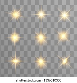 Glow isolated yellow light effect set, lens flare, explosion, glitter, line, sun flash and stars. Abstract special effect element design. Shine ray with lightning. Set of gold bright beautiful stars