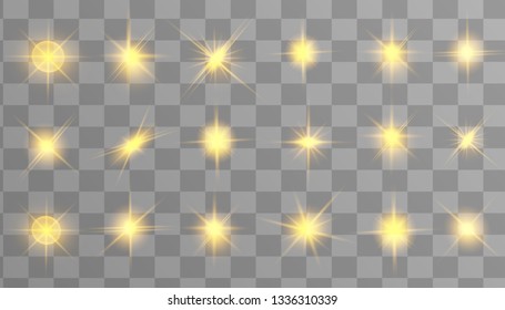 Glow isolated yellow light effect set, lens flare, explosion, glitter, line, sun flash and stars. Abstract special effect element design. Shine ray with lightning. Set of gold bright beautiful stars