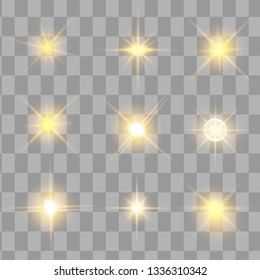 Glow isolated yellow light effect set, lens flare, explosion, glitter, line, sun flash and stars. Abstract special effect element design. Shine ray with lightning. Set of gold bright beautiful stars