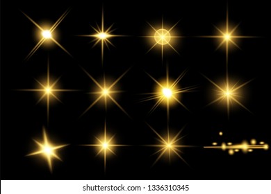 Glow isolated yellow light effect set, lens flare, explosion, glitter, line, sun flash and stars. Abstract special effect element design. Shine ray with lightning. Set of gold bright beautiful stars