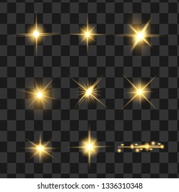 Luminoso efecto amarillo aislado, lente de lente, explosión, brillo, línea, luz solar y estrellas. Diseño abstracto de elementos de efecto especial. Rayos brillantes con relámpagos. Juego de estrellas brillantes y doradas