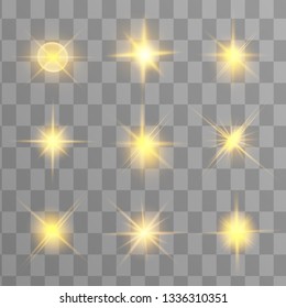 Glow isolated yellow light effect set, lens flare, explosion, glitter, line, sun flash and stars. Abstract special effect element design. Shine ray with lightning. Set of gold bright beautiful stars
