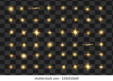 Glow isolated yellow light effect set, lens flare, explosion, glitter, line, sun flash and stars. Abstract special effect element design. Shine ray with lightning. Set of gold bright beautiful stars