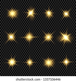 Glow isolated yellow light effect set, lens flare, explosion, glitter, line, sun flash and stars. Abstract special effect element design. Shine ray with lightning. Set of gold bright beautiful stars