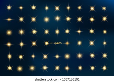 Glow isolated yellow light effect set, lens flare, explosion, glitter, line, sun flash and stars. Abstract special effect element design. Shine ray with lightning. Set of gold bright beautiful stars