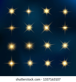 Glow isolated yellow light effect set, lens flare, explosion, glitter, line, sun flash and stars. Abstract special effect element design. Shine ray with lightning. Set of gold bright beautiful stars