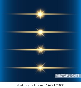 Glow isolated yellow light effect set, lens flare, explosion, glitter, line, sun flash and stars. Abstract special effect element design. Shine ray with lightning. Set of gold bright beautiful stars