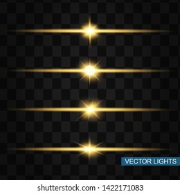 Glow isolated yellow light effect set, lens flare, explosion, glitter, line, sun flash and stars. Abstract special effect element design. Shine ray with lightning. Set of gold bright beautiful stars