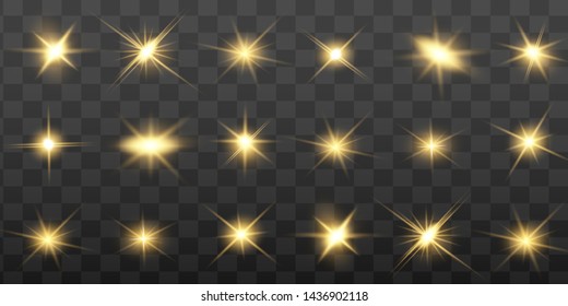 Glow isolated yellow light effect set, lens flare, explosion, glitter, line, sun flash and stars. Abstract special effect element design. Shine ray with lightning. Set of gold bright beautiful stars