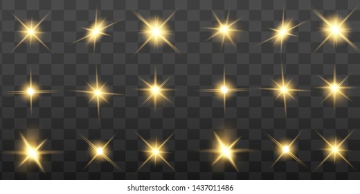 Glow isolated yellow light effect set, lens flare, explosion, glitter, line, sun flash and stars. Abstract special effect element design. Shine ray with lightning. Set of gold bright beautiful stars