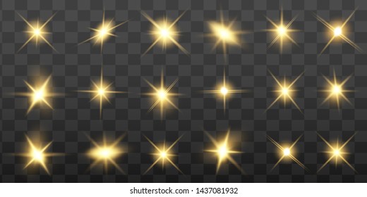 Glow isolated yellow light effect set, lens flare, explosion, glitter, line, sun flash and stars. Abstract special effect element design. Shine ray with lightning. Set of gold bright beautiful stars