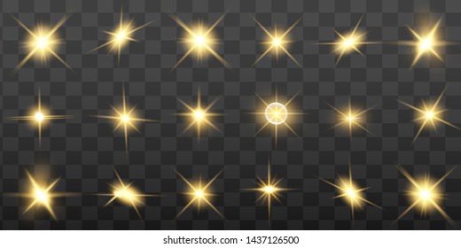 Glow isolated yellow light effect set, lens flare, explosion, glitter, line, sun flash and stars. Abstract special effect element design. Shine ray with lightning. Set of gold bright beautiful stars