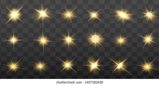 Glow isolated yellow light effect set, lens flare, explosion, glitter, line, sun flash and stars. Abstract special effect element design. Shine ray with lightning. Set of gold bright beautiful stars