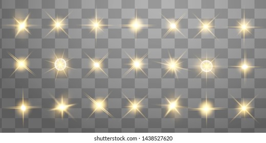 Glow isolated yellow light effect set, lens flare, explosion, glitter, line, sun flash and stars. Abstract special effect element design. Shine ray with lightning. Set of gold bright beautiful stars