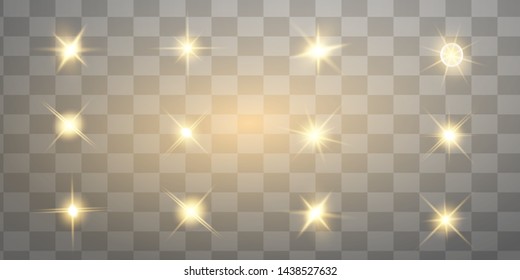 Glow isolated yellow light effect set, lens flare, explosion, glitter, line, sun flash and stars. Abstract special effect element design. Shine ray with lightning. Set of gold bright beautiful stars