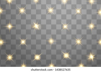 Glow isolated yellow light effect set, lens flare, explosion, glitter, line, sun flash and stars. Abstract special effect element design. Shine ray with lightning. Set of gold bright beautiful stars