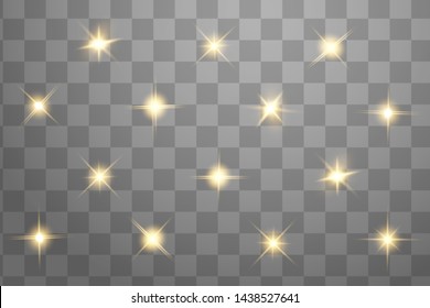 Glow isolated yellow light effect set, lens flare, explosion, glitter, line, sun flash and stars. Abstract special effect element design. Shine ray with lightning. Set of gold bright beautiful stars