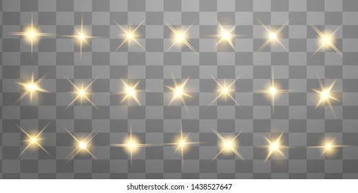 Glow isolated yellow light effect set, lens flare, explosion, glitter, line, sun flash and stars. Abstract special effect element design. Shine ray with lightning. Set of gold bright beautiful stars