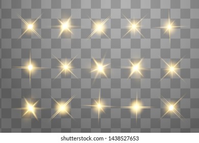 Glow isolated yellow light effect set, lens flare, explosion, glitter, line, sun flash and stars. Abstract special effect element design. Shine ray with lightning. Set of gold bright beautiful stars