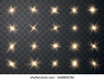 Conjunto de efectos luminosos amarillos aislados. Luces de oro abstractas aisladas en un fondo transparente. El oro brilla y mira. Ilustración vectorial. EPS 10.