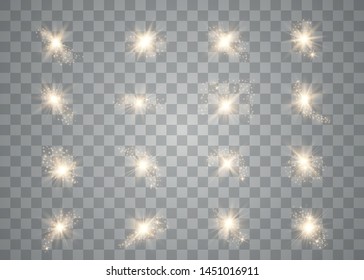 Glow isolated yellow light effect set. Abstract golden lights isolated on a transparent background. Gold flashes and glares. Vector illustration. EPS 10.