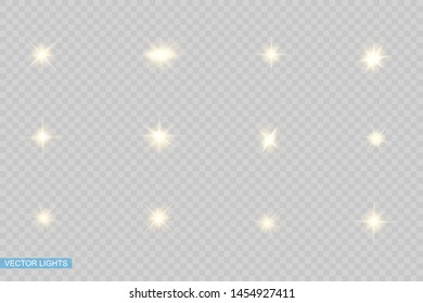 Glühender gelber Lichteffekt, Linsenfackel, Explosion, Glitter, Linie, Sonnenblitz, Funken und Sterne. Abstraktes Design von Spezialeffekten.