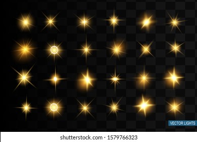 Glow isolated yellow light effect set, lens flare, explosion, glitter, line, sun flash and stars. Abstract special effect element design. Shine ray with lightning. Set of gold bright beautiful stars