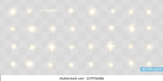 Glow isolated yellow light effect set, lens flare, explosion, glitter, line, sun flash and stars. Abstract special effect element design. Shine ray with lightning. Set of gold bright beautiful stars