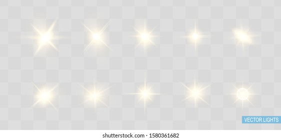 Glow isolated yellow light effect set, lens flare, explosion, glitter, line, sun flash and stars. Abstract special effect element design. Shine ray with lightning. Set of gold bright beautiful stars
