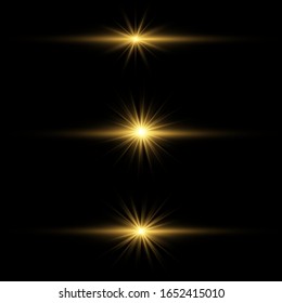 Glow isolated yellow light effect set, lens flare, explosion, glitter, line, sun flash and stars. Abstract special effect element design. Shine ray with lightning. Set of gold bright beautiful stars