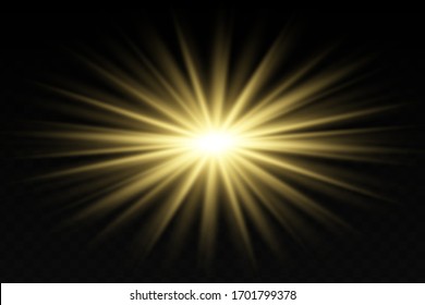 Glow isolated yellow light effect set, lens flare, explosion, glitter, line, sun flash and stars. Abstract special effect element design. Shine ray with lightning. Set of gold bright beautiful stars