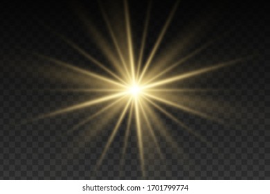 Luminoso efecto amarillo aislado, lente de lente, explosión, brillo, línea, luz solar y estrellas. Diseño abstracto de elementos de efecto especial. Rayos brillantes con relámpagos. Juego de estrellas brillantes y doradas