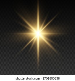 Glow isolated yellow light effect set, lens flare, explosion, glitter, line, sun flash and stars. Abstract special effect element design. Shine ray with lightning. Set of gold bright beautiful stars