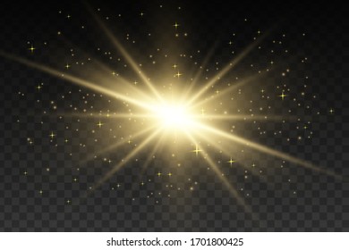 Glow isolated yellow light effect set, lens flare, explosion, glitter, line, sun flash and stars. Abstract special effect element design. Shine ray with lightning. Set of gold bright beautiful stars