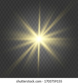 Glow isolated yellow light effect set, lens flare, explosion, glitter, line, sun flash and stars. Abstract special effect element design. Shine ray with lightning. Set of gold bright beautiful stars