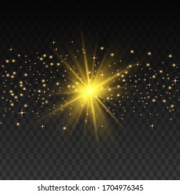 Glow isolated yellow light effect set, lens flare, explosion, glitter, line, sun flash and stars. Abstract special effect element design. Shine ray with lightning. Set of gold bright beautiful stars